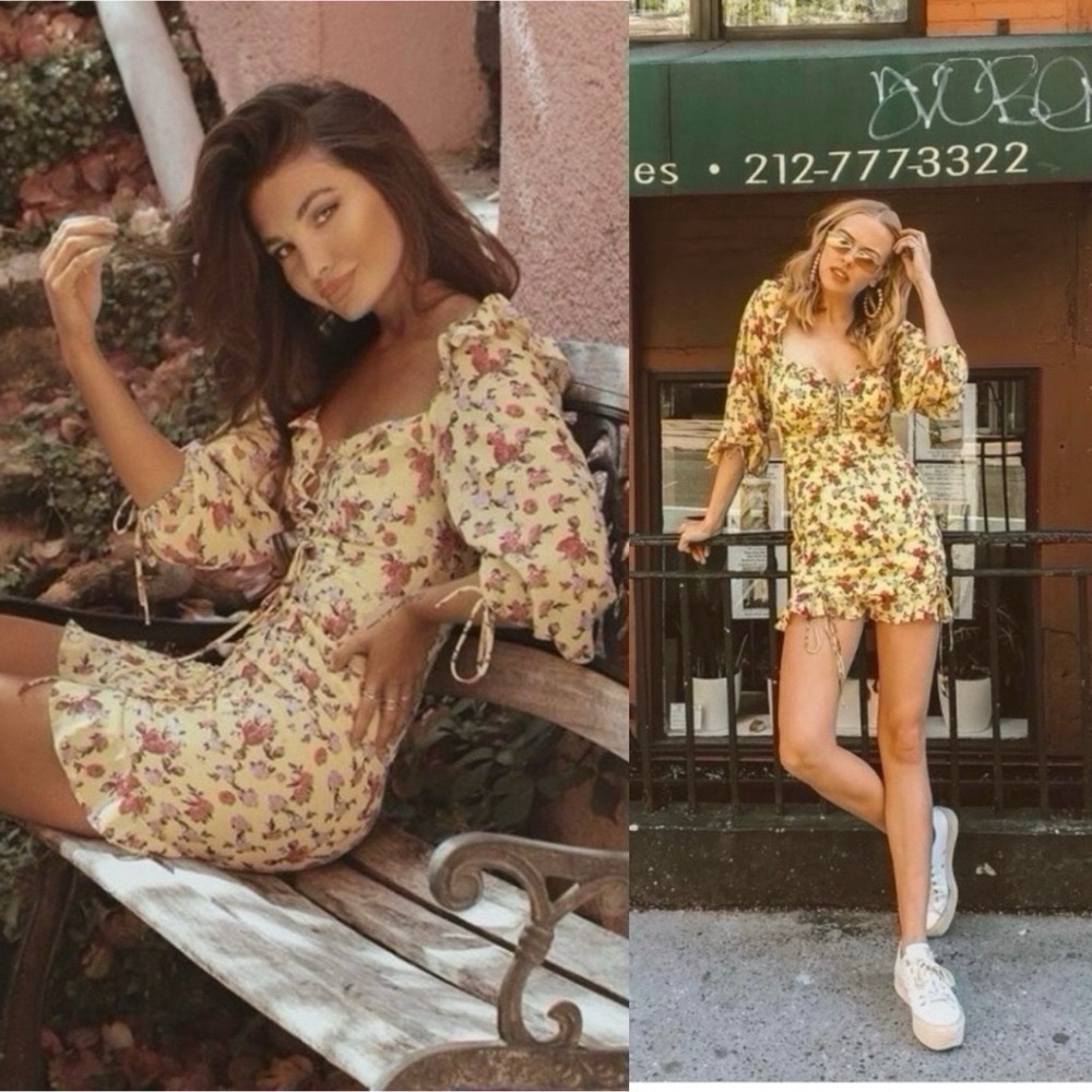 For Love and Lemons Beaumont Floral Silk Dress Yellow Size Large